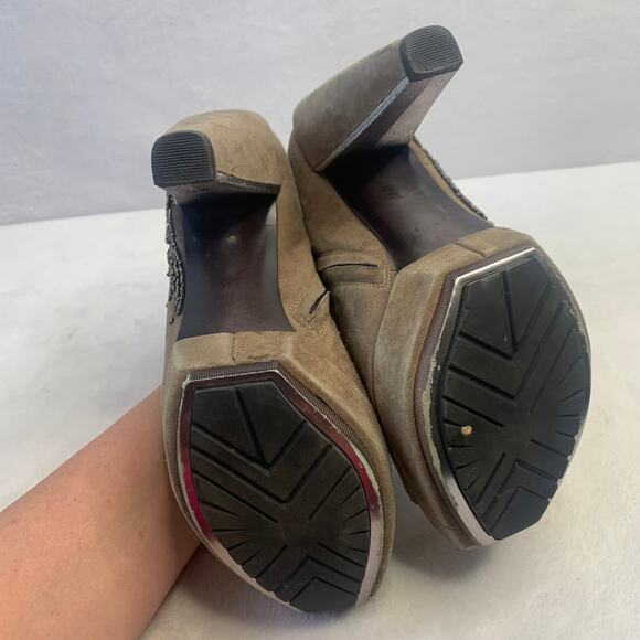 Sam Edelman Womens Sz 8 Taupe Suede Peep Toe Ankle Booties Beaded Heels Boots - Picture 5 of 9